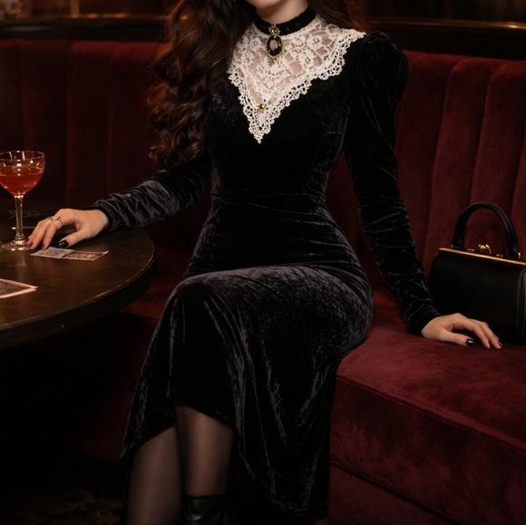 Scott McClintock Women’s Dress Dark Romantic Crushed Velvet Lace Vintage Sz 10 - Picture 3 of 13